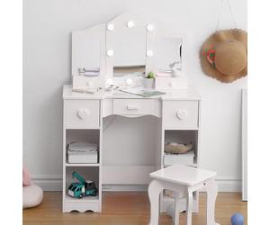 Garvee Tocador Infantil 2 En 1 De Madera con Taburete, Espejo Plegable y Cajón. Tocador De Princesa para Niñas.