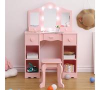 Garvee Tocador Infantil 2 En 1 De Madera con Taburete, Espejo Plegable y Cajón. Tocador De Princesa para Niñas.