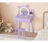 Garvee Tocador Infantil con Espejo Iluminado en Forma de Oso: Tocador de Princesa de Madera con Cajones, Taburete con Forma de Flor, Dormitorio de Niñas Nequeñas, Color Morado.