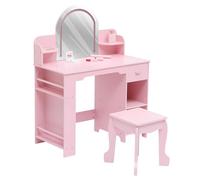 Garvee Tocador Infantil con Espejo Iluminado y Silla - Tocador de Madera con Brillo Ajustable, Estantería, Cajón y Estantes Abiertos - Ideal para Dormitorio o Sala de Juegos de Niñas, Color Rosa