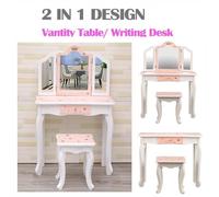 Garvee Tocador Infantil de Madera 2 en 1 para niñas - Espejo Triple Plegable - Incluye Taburete y cajón - Diseño de Princesa Seguro y Resistente - Ideal para Dormitorio - Color European Star Pink