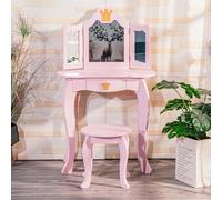 Garvee Tocador Infantil de Madera 2 en 1 para niñas - Estilo Princesa con Espejo Triple Plegable - Incluye Taburete y cajón - Mesa de Maquillaje Desmontable, habitación Infantil y Regalo