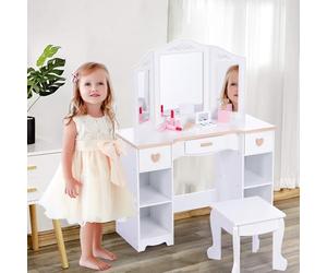 Garvee Tocador Infantil de Madera con Espejo y cajón - Set de tocador y Silla para niñas - Incluye Accesorios - para Dormitorio o Sala de Juegos - Ideal para niñas de 3 a 9 años - Blanco