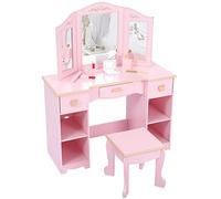 Garvee Tocador Infantil de Madera para niñas - Espejo tríptico y Silla, 3 cajones y estantes espaciosos, diseño de Princesa Ideal para Juegos y Almacenamiento - Color Rosa