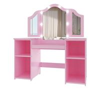 Garvee Tocador Infantil Princesa 2 en 1 con Espejo Triple, luz táctil, Gran almacenaje y Silla - Estantes y cajón - Fácil de Montar - Ideal para Maquillaje y decoración - Color US Pink