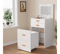 Garvee Tocador Moderno 3 en 1 para Dormitorio - 3 cajones espaciosos - Organización de Maquillaje eficiente - Incluye Espejo y Asiento - Color Blanco