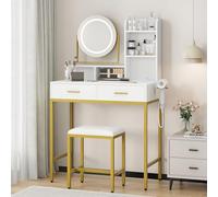 Garvee Tocador Moderno con Espejo Giratorio 360°, Iluminación LED Regulable En 3 Niveles, 2 Cajones, 5 Estantes Abiertos, Taburete Cómodo, Puertos USB Integrados - Mueble Funcional para Dormitorio