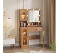 Garvee Tocador Moderno con Espejo Led Regulable - Toma De Corriente Y USB Integrados - Amplio Almacenamiento con Cajones Y Armarios - Estructura Robusta De MDF - Color Madera Natural