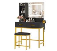 Garvee Tocador Moderno con Espejo LED Regulable y Taburete - 3 Modos de luz, 4 cajones, estantes Abiertos, estación de Carga (Enchufe y USB) - Mueble para Dormitorio - Color: Negro