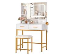 Garvee Tocador Moderno con Espejo LED y Taburete - 4 cajones, estantes Abiertos, estación de Carga (2 enchufes, 2 USB) - Mueble de Dormitorio Elegante para Maquillaje - Color: Blanco