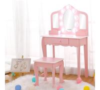 Garvee Tocador para niños con espejo iluminado, mesa y taburete para niñas pequeñas, maquillaje para niños con espejo de tres pliegues, cajón y rejilla de almacenamiento para niñas de 3 a 9 años, rosa