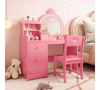 Garvee Tocador y Silla Infantil 2 En 1 De Princesas: Espejo Iluminado, 3 Cajones, Estantes y Tapa Desmontable. Escritorio De Maquillaje y Tocador De Madera para Niñas.