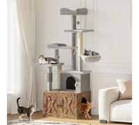 Garvee Torre de árbol para gatos con caja de arena, torre moderna 2 en 1 para gatos, muebles para gatos todo en uno, casa de madera con hamaca, postes rascadores, plataforma de posadera, 60 x 48 x 140