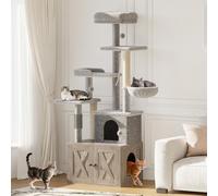Garvee Torre de árbol para gatos con caja de arena, torre moderna 2 en 1 para gatos, muebles para gatos todo en uno, casa de madera con hamaca, postes rascadores, plataforma de posadera, 60 x 48 x 140