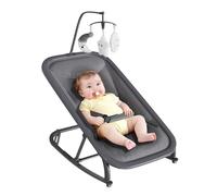 Garvee Triciclo Balancín para Bebé 0-12 Meses - Silla Mecedora con Respaldo Ajustable 3 Posiciones, Barra de Juegos, Arnés 5 Puntos, Funda Desmontable y Estructura Aluminio - Gris