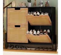 Garvee Zapatero Abatible - Zapatero Entrada Recibidor Estrecho, con Puertas de Rattán Natural y 4 Cajones, Zapatero con 8 estantes, Patas de Metal, Madera Maciza, 100x24x88cm, Color Negro