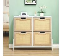 Garvee Zapatero Abatible - Zapatero Entrada Recibidor Estrecho, con Puertas de Rattán Natural y 4 Cajones, Zapatero con 8 estantes, Patas de Metal, Madera Maciza, 100x24x88cm, Color Blanco y Roble