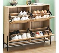 Garvee Zapatero Abatible - Zapatero Entrada Recibidor Estrecho, con Puertas de Rattán Natural y 4 Cajones, Zapatero con 8 estantes, Patas de Metal, Madera Maciza, 100x24x88cm, Color Roble