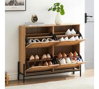 Garvee Zapatero Abatible - Zapatero Entrada Recibidor Estrecho, con Puertas de Rattán Natural y 4 Cajones, Zapatero con 8 estantes, Patas de Metal, Madera Maciza, 100x24x88cm, Color Roble