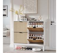 Garvee Zapatero Acanalado con 4 Cajones Abatibles, Organizador Estrecho de Zapatos De Madera con Patas de Metal, Zapatero Oculto de Estilo Rústico Moderno para Entrada y Pasillo,Blanco+Roble