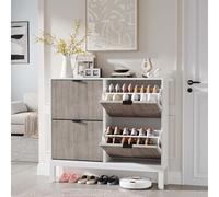 Garvee Zapatero Acanalado con 4 Cajones Abatibles, Organizador Estrecho De Zapatos de Madera con Patas de Metal, Zapatero Oculto de Estilo Rústico Moderno para Entrada y Pasillo,Blanco+Gris