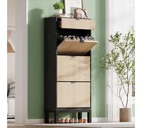 Garvee Zapatero Estrecho 3 Cajones Abatibles, 1 cajón pequeño, Moderno y Estrecho para Entrada - Estantes Ajustables, Capacidad 12-18 Pares, 61 x 24 x 141 cm, (Negro + Roble)