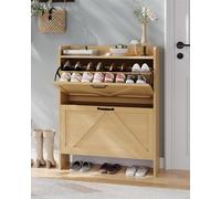 Garvee Zapatero Estrecho con 2 Cajones Abatibles, Organizador Oculto Independiente para Entrada y Sala de Estar, Color Madera Natural, 80×24×102 cm