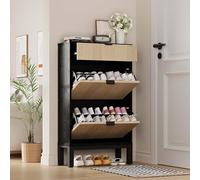 Garvee Zapatero Estrecho con 2 Solapas, 1 cajón pequeño, Zapatero con 4 estantes, Puertas acanaladas, Almacenamiento Oculto - Entrada - 61x24x105 cm, Color Contraste (Negro + Roble)