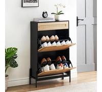 Garvee Zapatero Estrecho con 2 Solapas y 1 cajón, Zapatero con 2 estantes Ajustable y extraíble, Patas de Metal, Diseño Estrecho y Oculto, para Entrada o Pasillo, 60X24X102cm, Color Black Iron