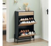 Garvee Zapatero Estrecho con 2 Solapasy 1 cajón, Cajones Abatibles y Estantes Ajustables, Mueble Delgado para Entrada Pasillo o Porche, para 14 Pares Botas y Tacones, Color Negro, 60x24x102 cm