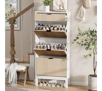 Garvee Zapatero Estrecho con 3 Solapas, 1 cajón pequeño, Zapatero con 3 estantes, Puertas acanaladas, Almacenamiento Oculto - Entrada - 61x24x141 cm, Color Contraste (Blanco + Roble)