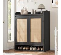 Garvee Zapatero Estrecho Dos Puertas - 12 Pares, 80 x 40 x 100 cm, Color Negro, Diseño Bohemio, Diseño Estrecho para Entrada y Recibidor, Estilo Lujoso con Detalle de Rattan