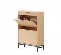 Garvee Zapatero Estrecho para Entrada, Mueble Organizador de Zapatos con 2 Trampones Abatibles y 1 Cajón Superior, Armario de Calzado de Madera y Metal con Diseño de Ondas, Roble Natural, 75*24*112 cm