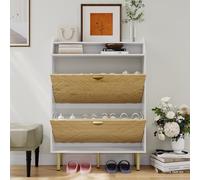 Garvee Zapatero Estrecho para Entrada Recibidor, Organizador Oculto con 2 Cajones y Estante Superior, Acabado en Veta de Madera y Blanco, Ideal para Pasillo y Dormitorio, 79×23×114 cm