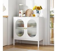 GarveeHome Aparador con 2 puertas de cristal y madera, estantes ajustables, patas metálicas, 80 cm de ancho, aparador buffet para pasillo, entrada, salón, cocina-A