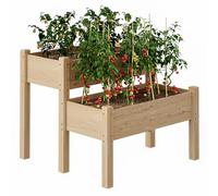 GarveeHome Cama de Cultivo Elevada de Madera de 2 Niveles - Macetero Grande para Huerto Urbano con Drenaje - Jardinerera Exterior Resistente para Balcón y Terraza - 86x84x74 cm