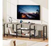 GarveeHome Centro de Entretenimiento esquinero para TV hasta 75'' - Estantes Abiertos - Luces LED y Tomas de Corriente USB - Gris