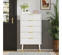 GarveeHome Cómoda Blanca de 5 cajones para Dormitorio - Diseño Acanalado Moderno - Tiradores y Patas Doradas - Organizador Estrecho de Madera para Ropa y Accesorios - 60 x 39 x 105 cm - Color: Blanco