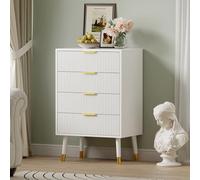 GarveeHome Cómoda Moderna con 4 Cajones, Armario de Almacenamiento con Detalles Dorados, Resistente hasta 45 kg, para Sala de Estar y Dormitorio, 60×39×89 cm, Blanco