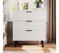 GarveeHome Cómoda ondulada de 3 cajones, mesita de noche de madera de 30 pulgadas de alto, cómoda moderna, mesa auxiliar ancha con patas de metal negro para dormitorio, pasillo, sala de estar, entrada