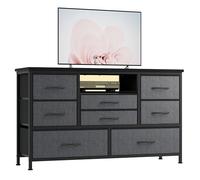 GarveeHome Cómoda recibidor 8 cajones con luz LED, Tomas de Corriente y USB, Estructura metálica, Superficie de Madera, organización para salón, Dormitorio o Pasillo, Gris Oscuro