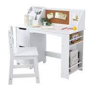 GarveeHome Conjunto De Escritorio y Silla para Niños, Mesa De Estudio De Madera con Estantería y Tablón De Anuncios, Escritorio para Ordenador Infantil con Silla para Casa y Colegio, Blanco
