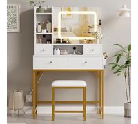 GarveeHome Escritorio de maquillaje con espejo, escritorio con luces en 3 colores, mesa de tocador para niñas con estación de carga, 4 cajones, 6 estantes de almacenamiento para dormitorio, oro blanco