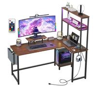 GarveeHome Escritorio en L para Gaming y Oficina en casa - con cajón, Enchufe eléctrico y Luces LED - Estantes de Almacenamiento y Estructura metálica Resistente -marrón EU