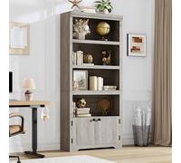 GarveeHome Farmhouse 5-Tier Bookcase with 2 Doors - Adjustable Anti-Slip Shelves, Tall Storage for Home Office, Living Room, Study - Black Embossed, Black Handle, Size W600