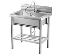 GarveeHome Fregadero independiente de acero inoxidable con estante, conexión de agua fría y caliente, fregadero de acero inoxidable con grifo para exterior, interior, cocina, restaurante, 50 x 46 x 85
