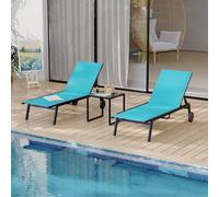GarveeHome Juego de 3 tumbonas reclinables para Patio con Respaldo Ajustable en 5 Posiciones, Ruedas y Mesa Auxiliar - Muebles de Exterior Ideales para Piscina, jardín o terraza - Azul