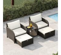 GarveeHome Juego de 5 muebles de jardín de ratán, muebles de balcón, balcón, 2 sillones de ratán con taburete, muebles de jardín con mesa, muebles de jardín, juego de muebles para exteriores, 5 piezas