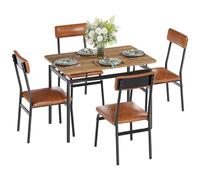 GarveeHome Juego de Comedor 5 Piezas Moderno - Mesa de Madera marrón con Tablero Efecto veta - 4 sillas tapizadas en PU marrón, Estructura metálica - Ahorra Espacio, fácil de Montar Comedor