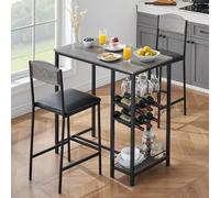 GarveeHome Juego de mesa de bar de 3 piezas - Mesa de cocina de estilo industrial con 2 taburetes de bar, estante para vino, soporte de cristal y estante, color gris, juego de mesa de comedor para